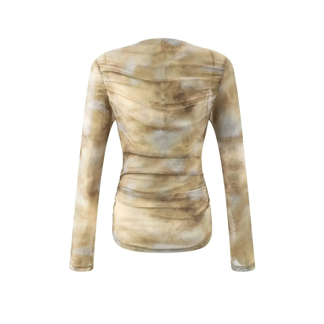 2025 Sexy Tie-Dye Print Ruched Shoulder T-Shirt for Women, Slim Fit Pleated Waist & Full Sleeve Tee (Character Count: 78)