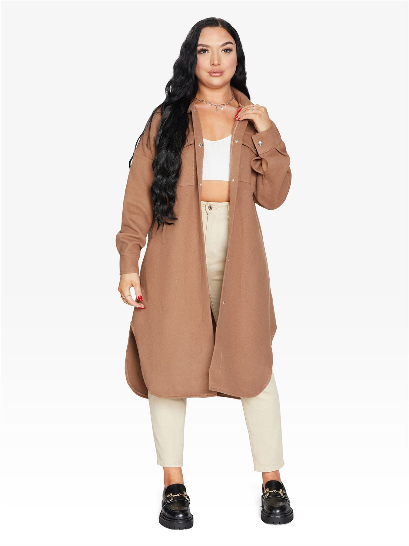 Oversized longline shacket from Rose Eleusis, stylish jacket with a relaxed fit and extended length, perfect for casual layering.