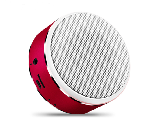 Maroon Asteria portable Bluetooth mini speaker with built-in battery, showcasing compact design and control buttons.