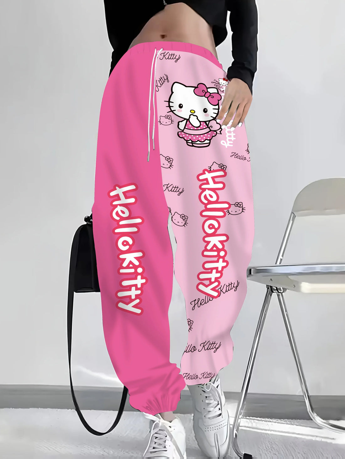 Hot Pink Light Pink Split‑Color Hello Kitty Long Pants Cartoon Polka‑Dot Bow Print Trousers for Lady