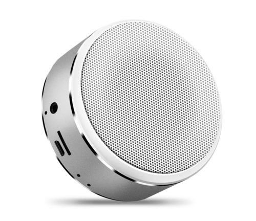 Maroon Asteria portable Bluetooth mini speaker with built-in battery, shown in black with control buttons and compact design.