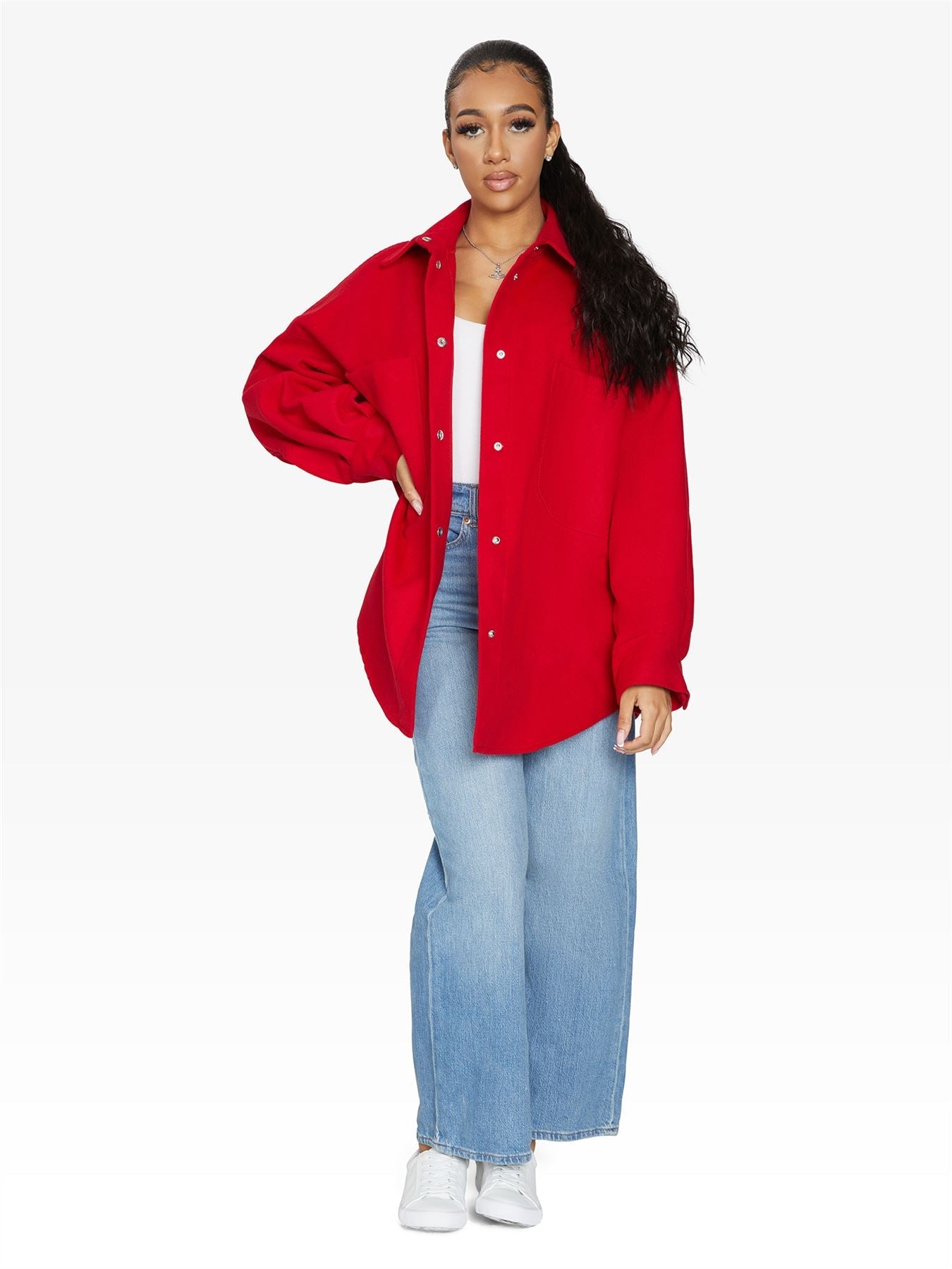 Rose Eleusis oversized patch pocket shacket, a stylish casual jacket with large front patch pockets and relaxed fit.