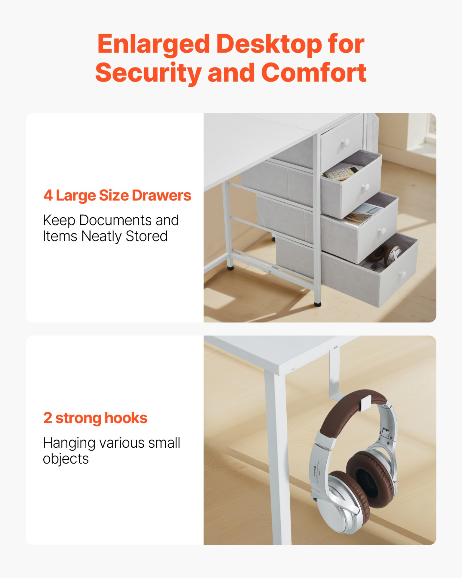Modern white VEVOR computer desk with fabric drawers, 120cm reversible study table with metal frame for home office or bedroom.