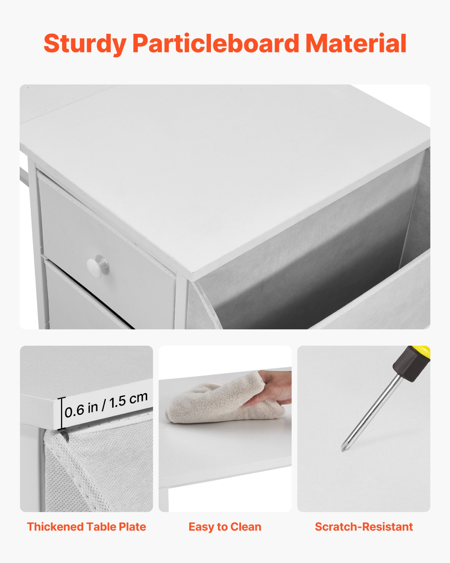 White VEVOR computer desk with fabric drawers, 120 cm reversible study table with metal frame for modern home office or bedroom use