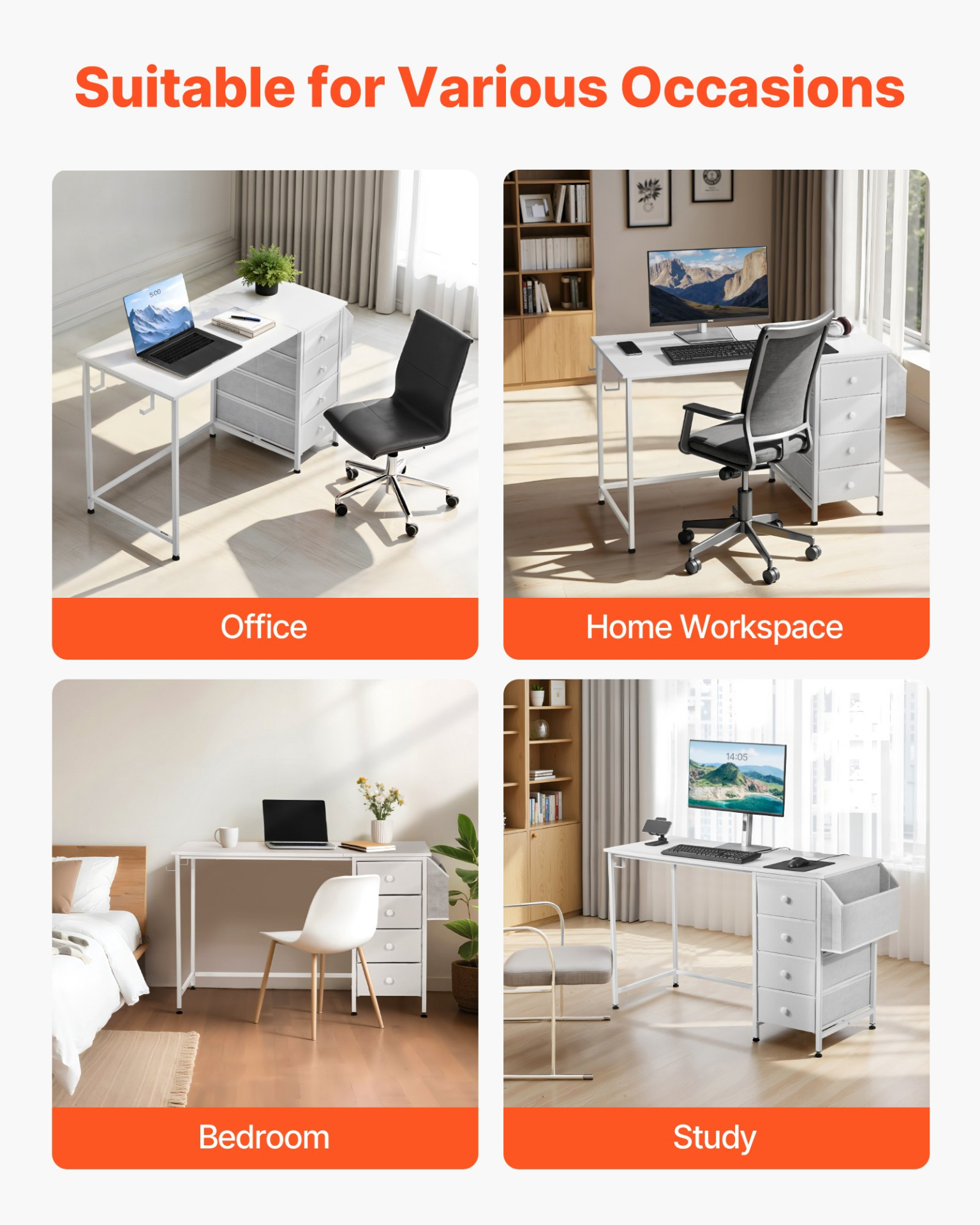 White VEVOR computer desk with fabric drawers, metal frame, 120cm reversible study work desk for modern home or office use.
