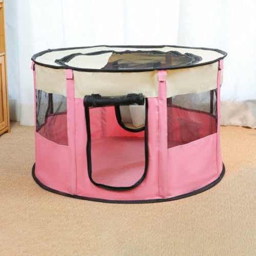 Maroon Asteria portable pet house made of Oxford cloth, featuring a cozy crate room for playing and resting.