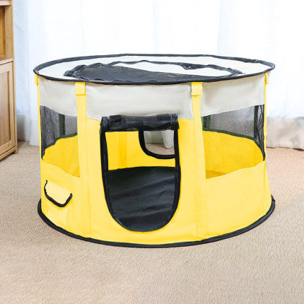 Maroon Asteria portable pet house made of Oxford cloth, featuring a cozy crate room and play space for small pets.