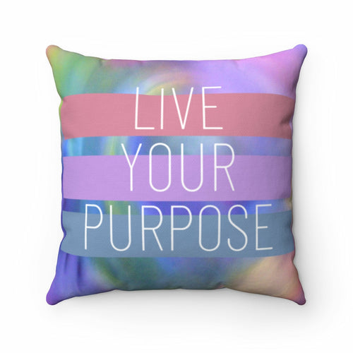Yellow Pandora Live Your Purpose cushion, soft home decor accent in four sizes, featuring inspiring text and vibrant yellow fabric.