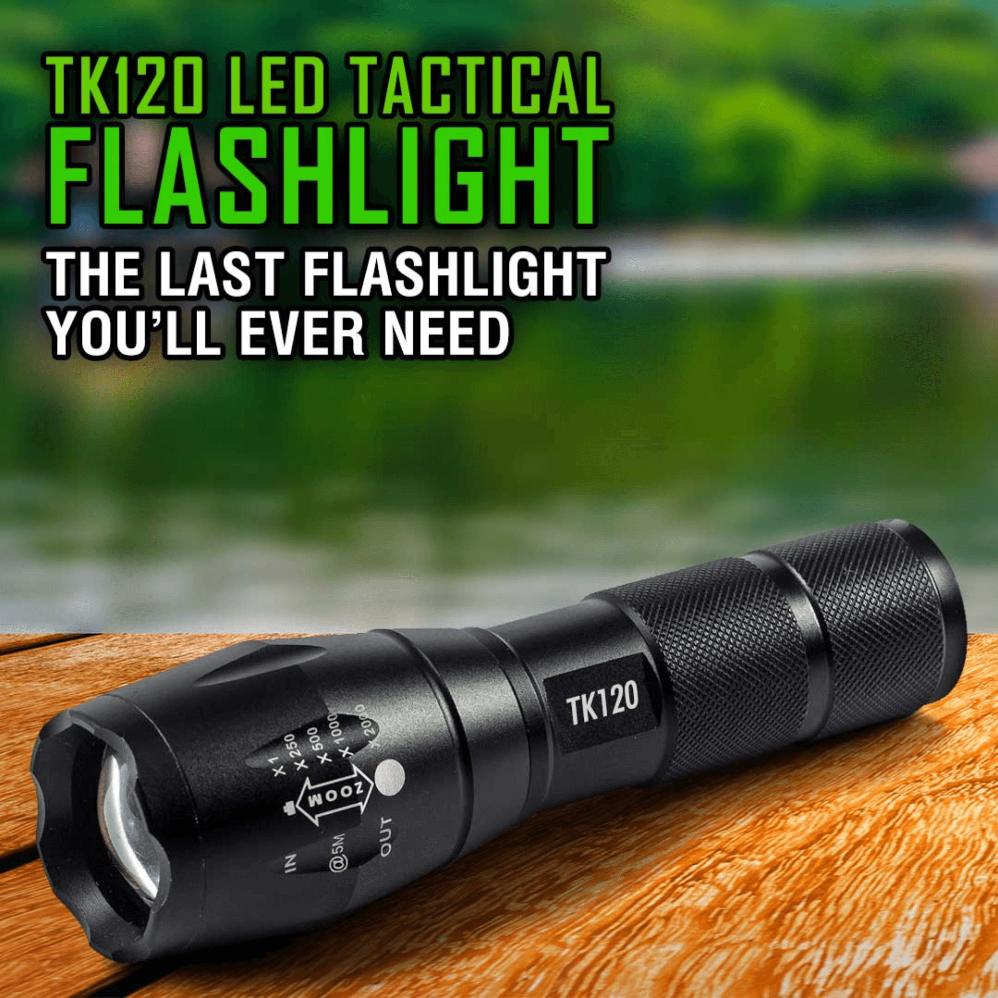 Black Lavender EcoGear FX TK120 LED tactical flashlights with strobe mode, displayed together in a camping setting.