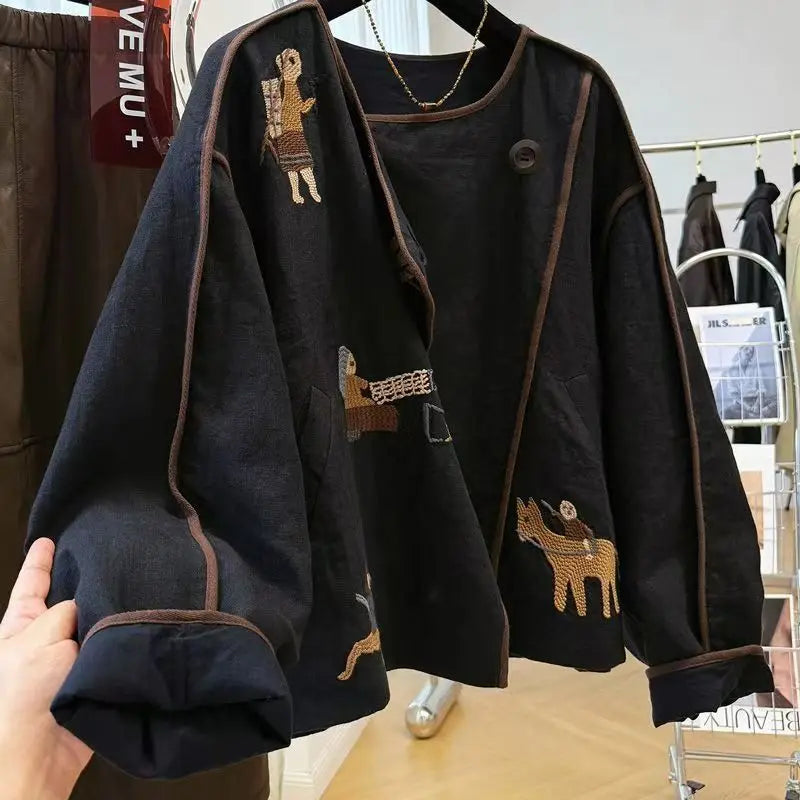 Heavy Embroidery Round Neck Short For Women, Autumn New Loose Versatile Jacket Top