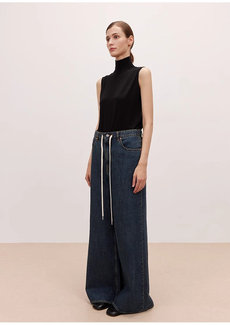 "Retro Blues" fashionable high waist pleated design washed casual wide