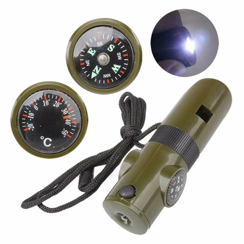 Maroon Asteria seven-in-one camping survival whistle with compass, featuring a compact multi-function design and bright color.