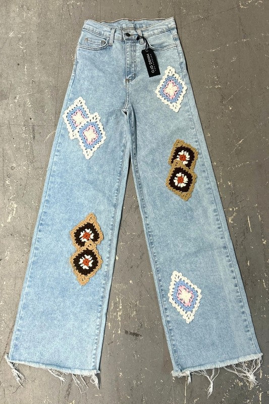 Callie Crochet Jean automotive part by Jade Icarus, featuring intricate crochet design and denim fabric details.