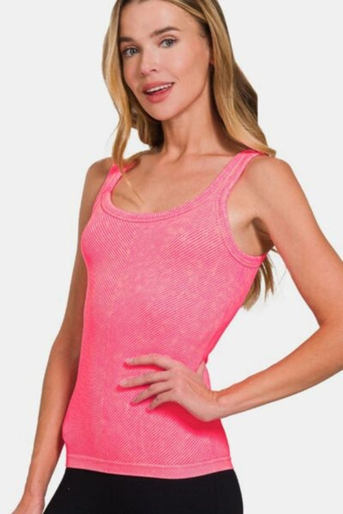 Womenâs Jade Icarus Zenana ribbed scoop neck tank top, shown in a fitted, ribbed fabric style with sleeveless design.