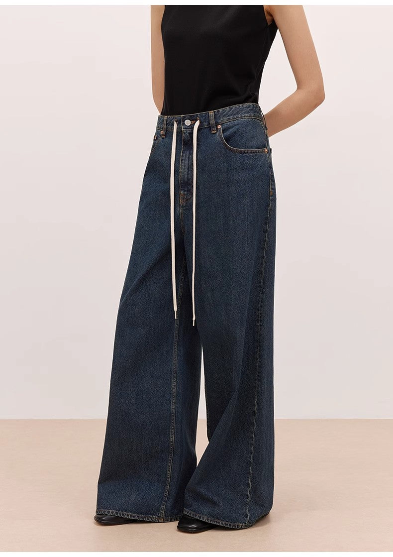 "Retro Blues" fashionable high waist pleated design washed casual wide