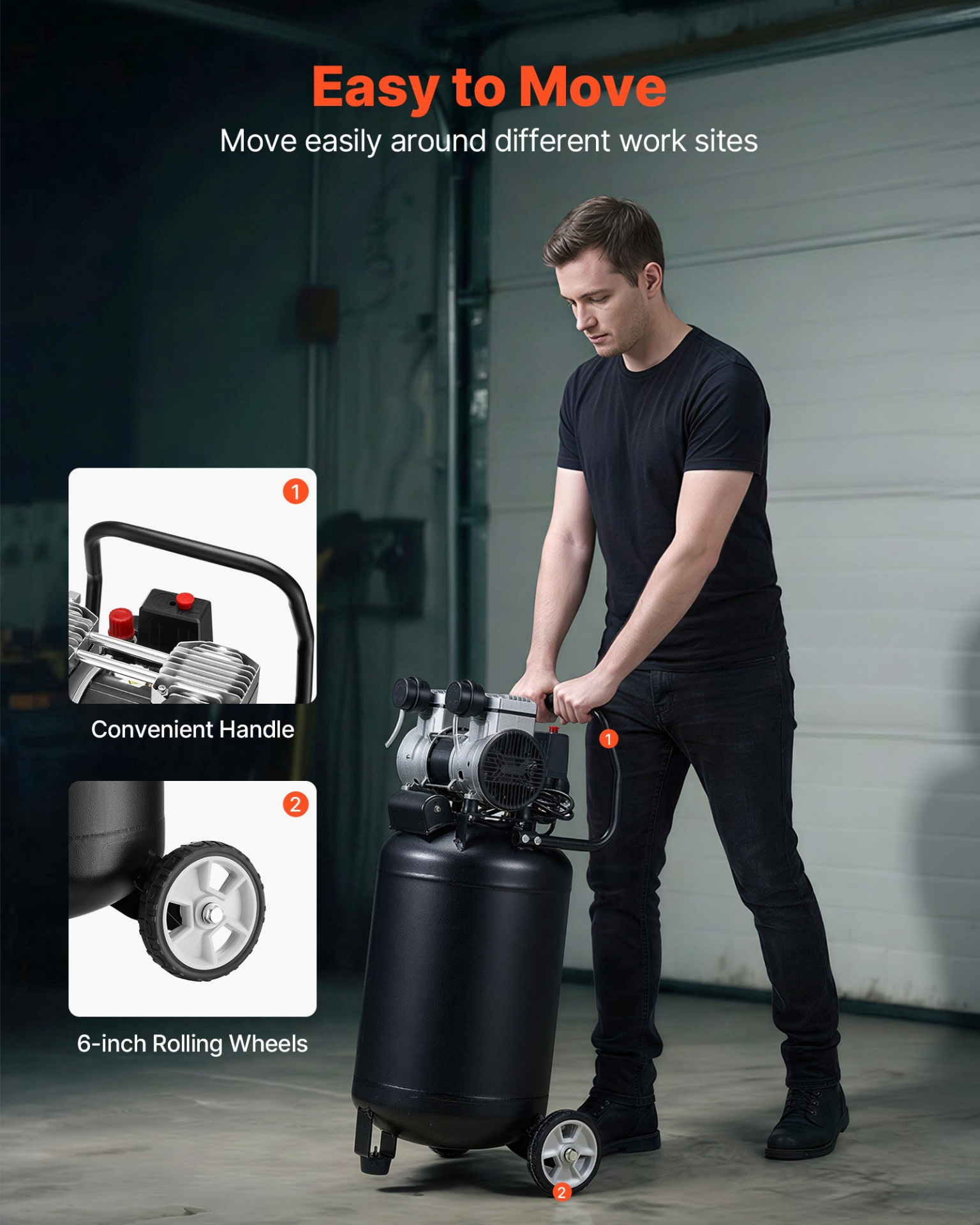 Start2Finish VEVOR 14-gallon 2HP air compressor with wheels, oil-free tank, suitable for auto repair, tire inflation, and spray painting.