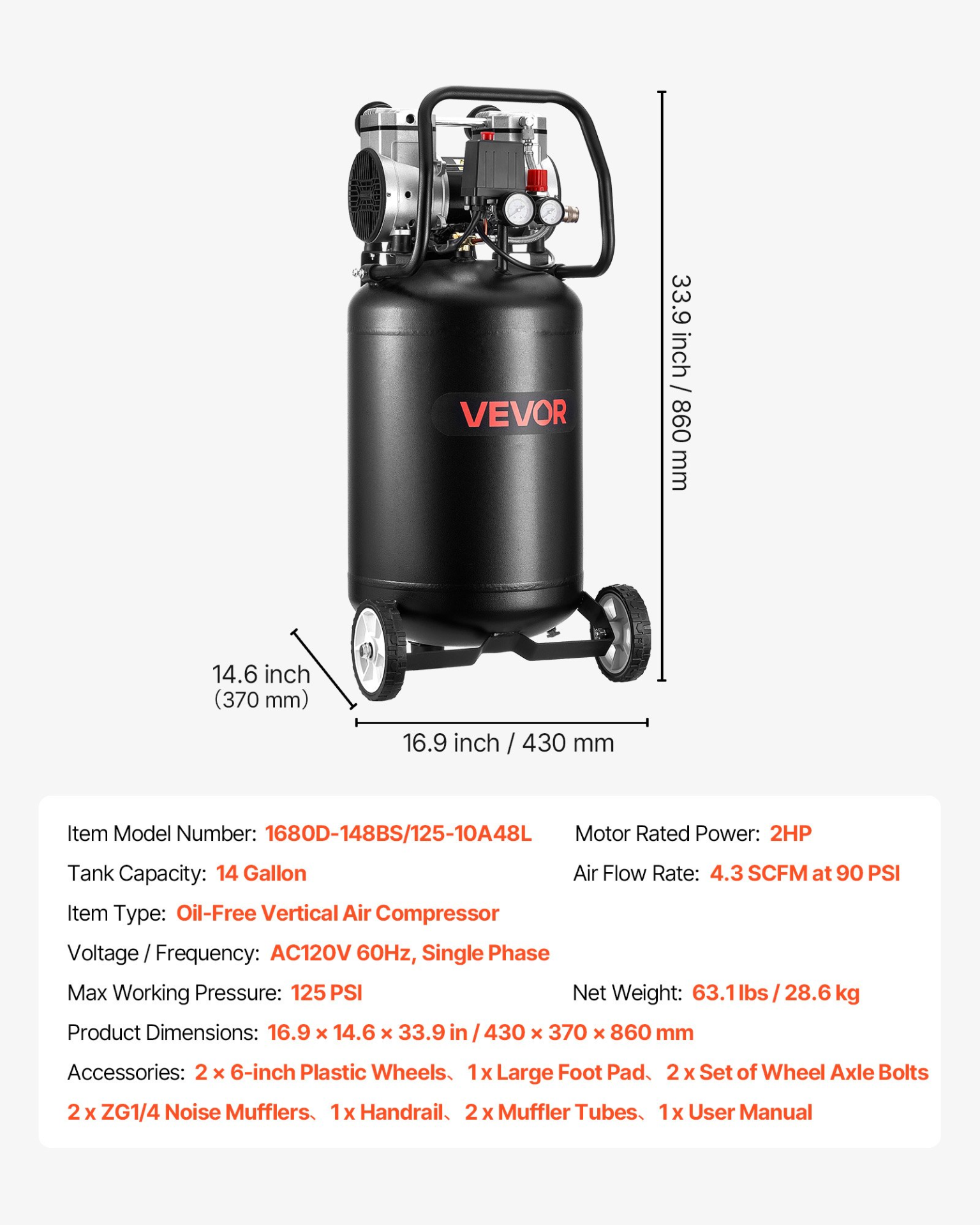 Start2Finish VEVOR 14-gallon oil-free air compressor with wheels, 2HP motor, pressure gauge, and tank for auto repair and tire inflation.