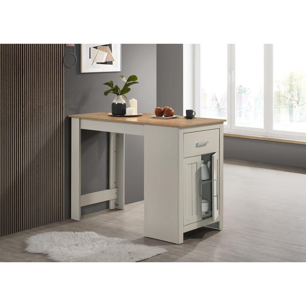 Alonzo light gray small space counter height dining table with cabinet, drawer, and two ergonomic counter stools by Start2Finish