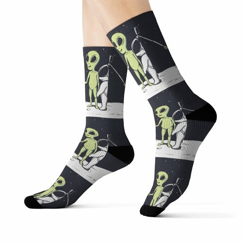 Yellow Pandora Funny Alien Selfie Socks featuring colorful alien and space-themed design on soft, comfortable socks.