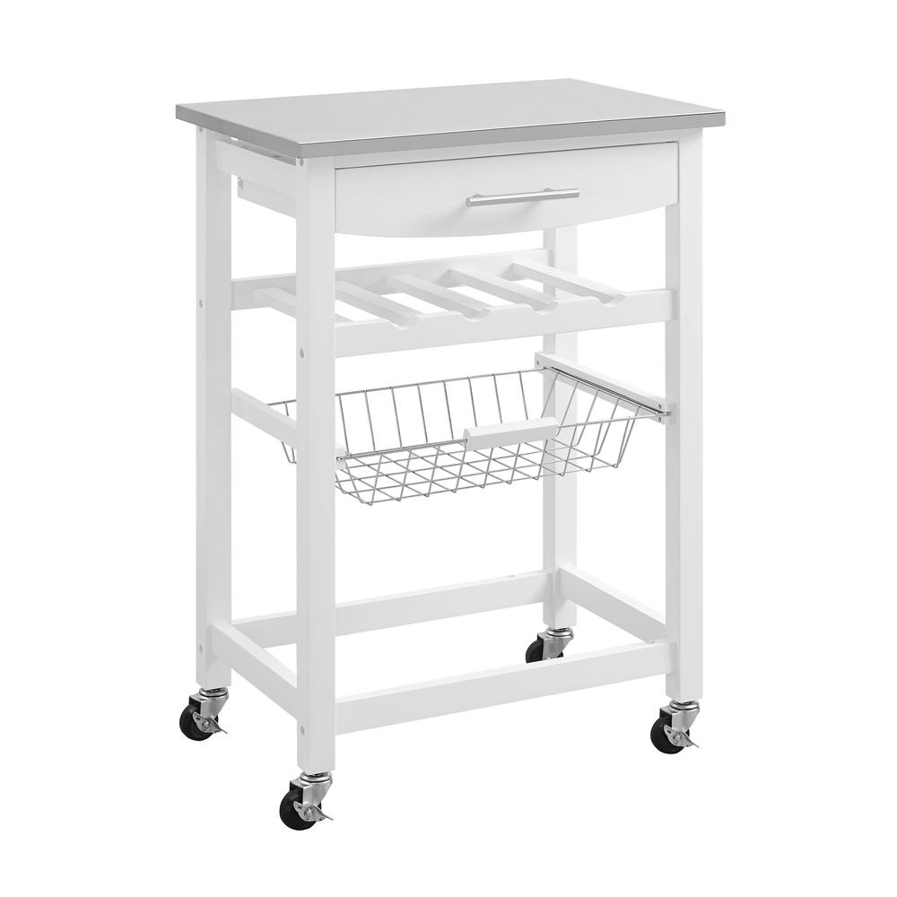 Clarke white kitchen cart by Start2Finish with shelves, drawers, and a wooden top for extra kitchen storage and workspace.