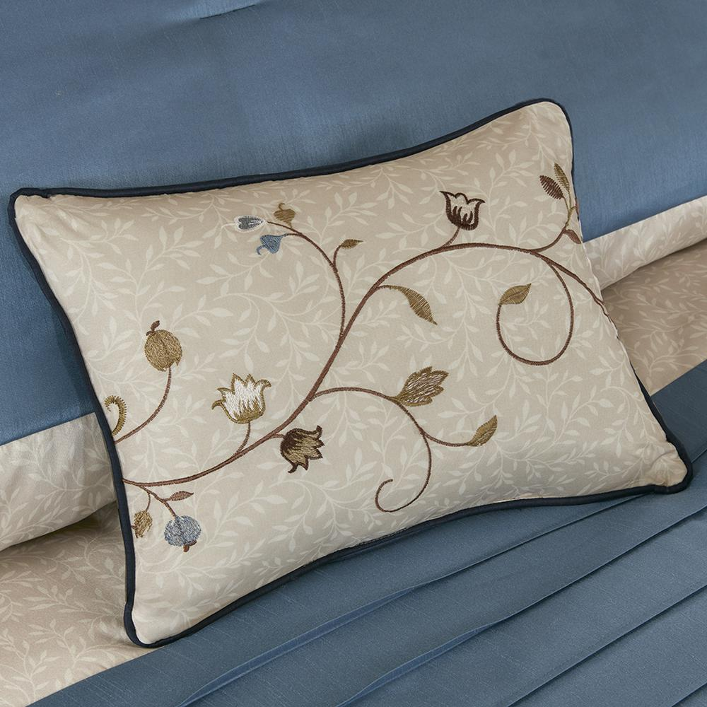 Start2Finish Serene Embroidered 7-Piece Navy Comforter Set with intricate stitching and matching pillow shams on a bed.