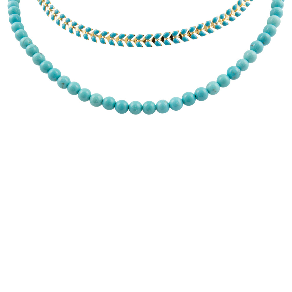 Blue turquoise magnesite layered necklace with golden chevron accents, stylish jewelry piece by Start2Finish.