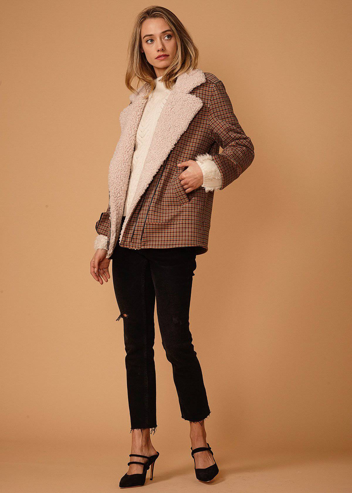 Lemon Hera asymmetrical zip front coat in peach gingham pattern, stylish jacket with unique design and front zipper closure.