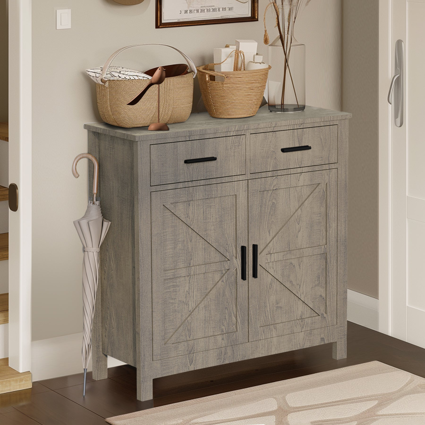Modern farmhouse kitchen storage cabinet by Start2Finish with two drawers and two doors, showcasing a sleek, functional design.