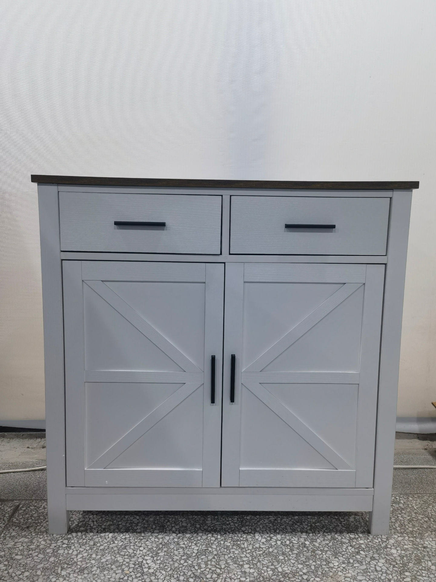 Modern farmhouse kitchen storage cabinet by Start2Finish with two drawers, two doors, and spacious interior for organization.