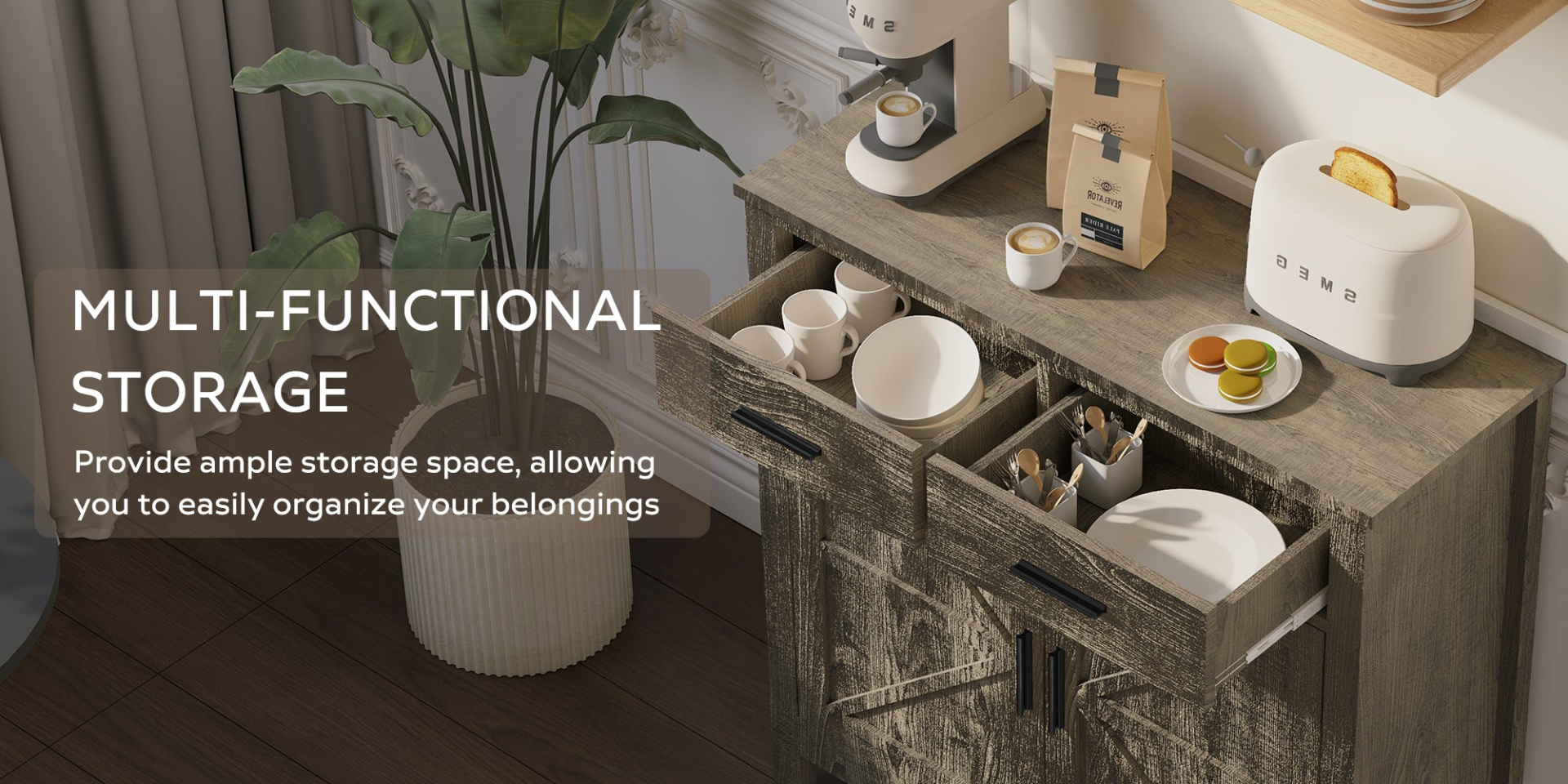 Modern farmhouse kitchen storage cabinet with two drawers and two doors, featuring a Start2Finish design for organized space.