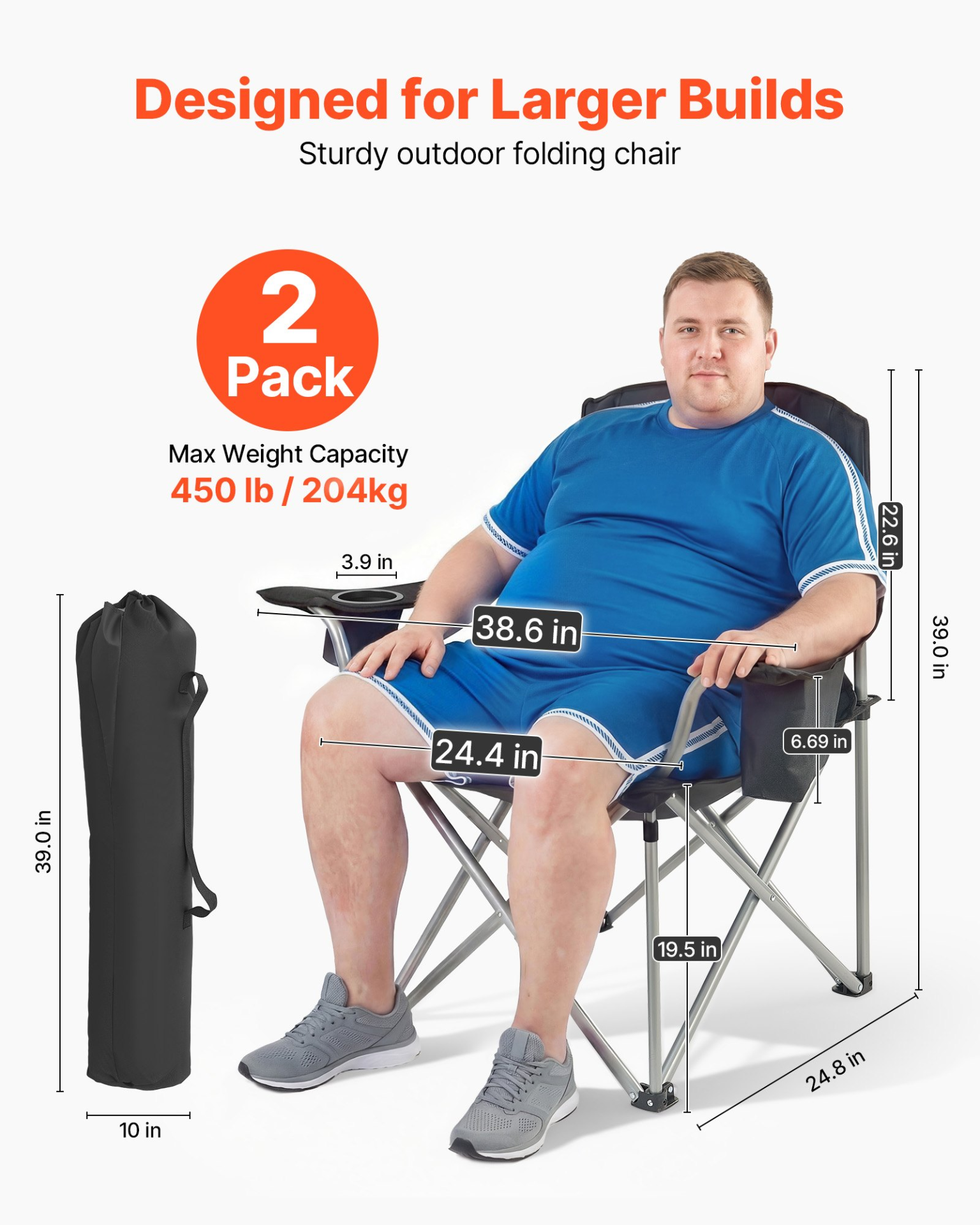Start2Finish VEVOR oversized camping chairs with padded backrest, armrests, cup holder, side pocket, cooler bag, and carry bags for outdoor use.