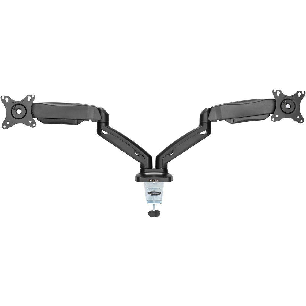 Black Lorell monitor mounting arm supporting two displays, height adjustable, for 75x75 or 100x100 VESA mounts.