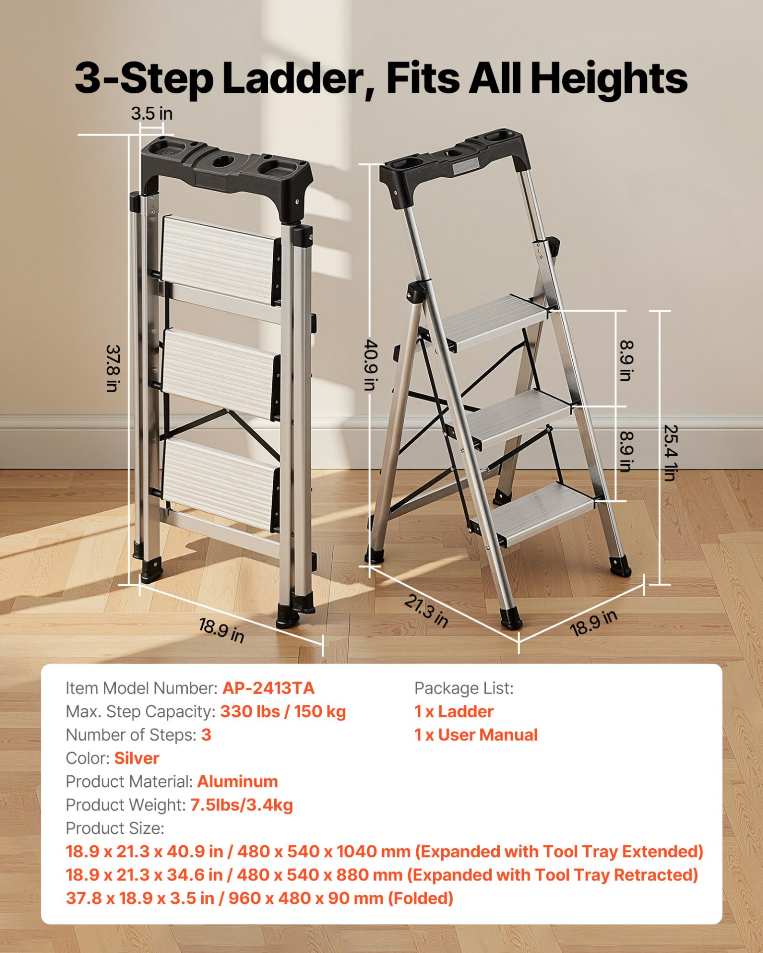 Start2Finish VEVOR 3-step aluminum ladder with wide anti-slip pedals and comfort handgrip, ideal for kitchen, warehouse, and household use