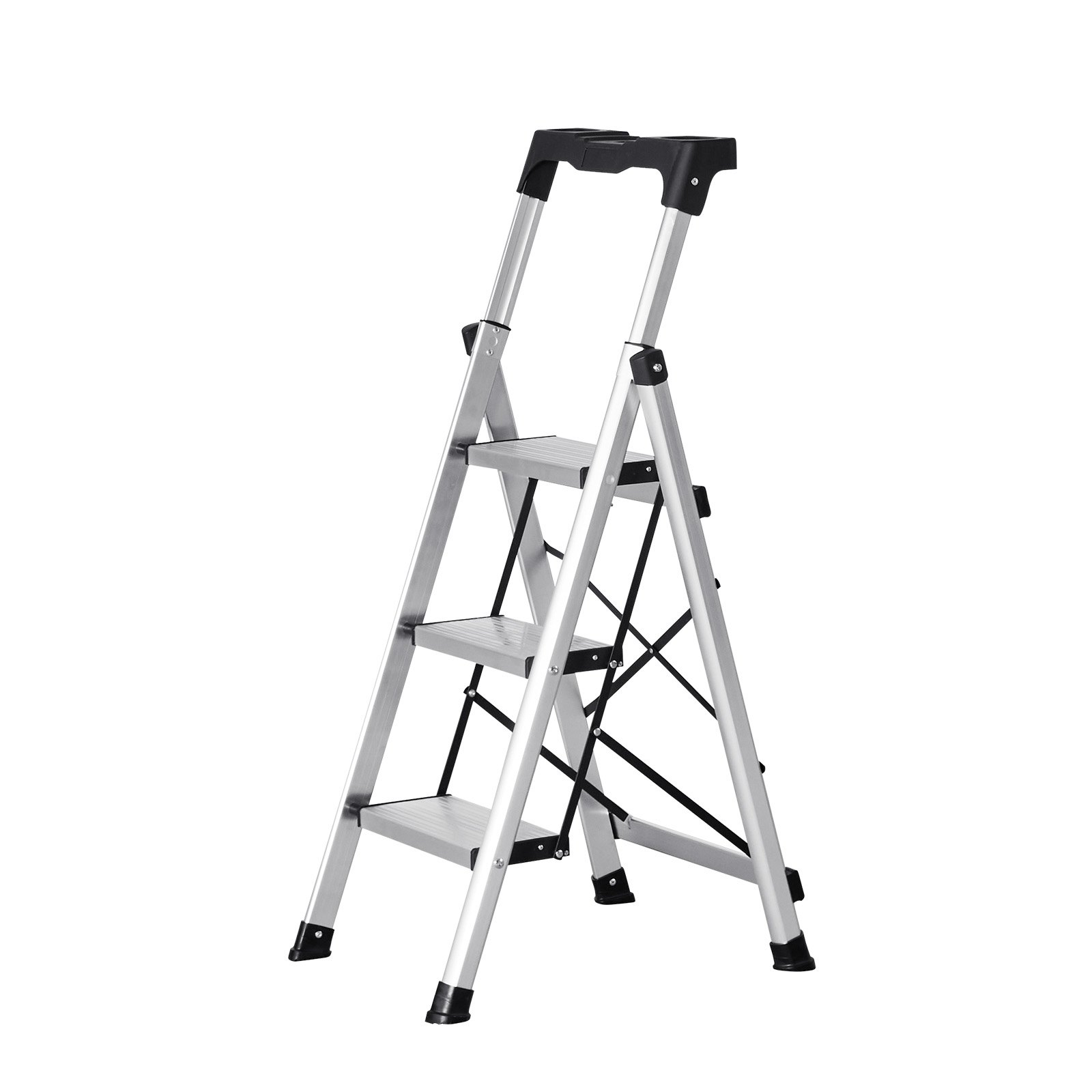 Start2Finish VEVOR 3-step aluminum ladder with wide anti-slip pedals, comfort handgrip, portable design, suitable for home and office use.