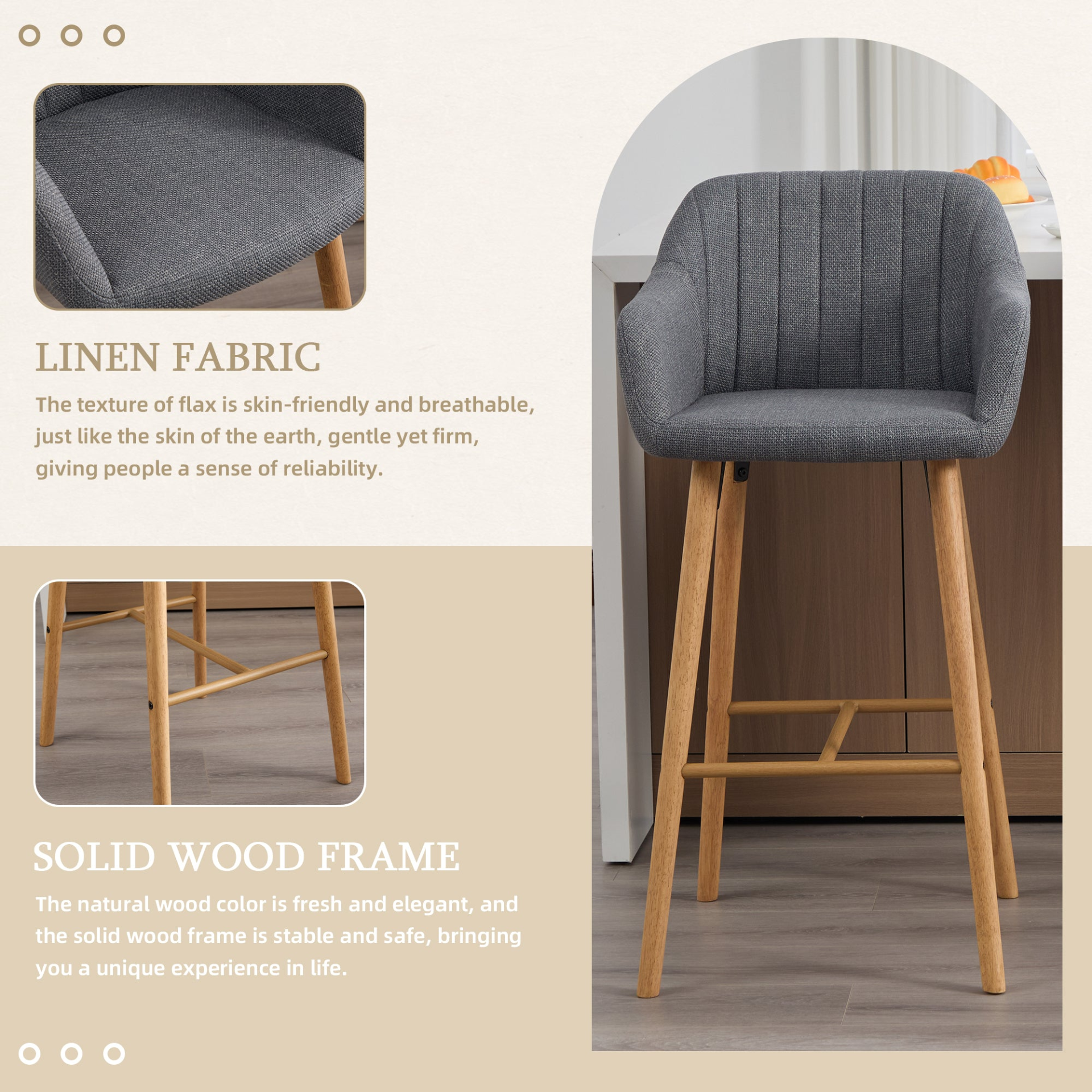 Modern linen upholstered bar stool with back, armrests, footrest, and solid wood legs by Start2Finish