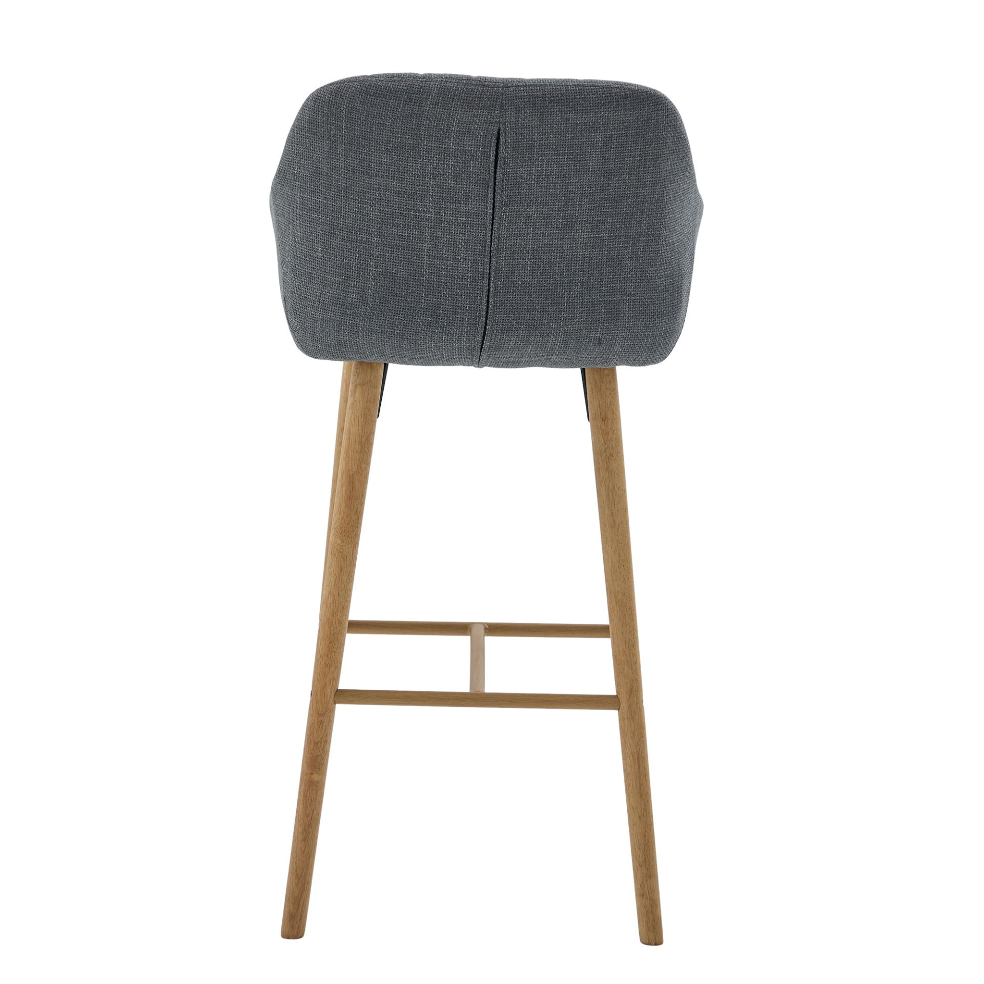 Modern linen upholstered bar stool by Start2Finish with backrest, armrests, footrest, and solid wood legs.
