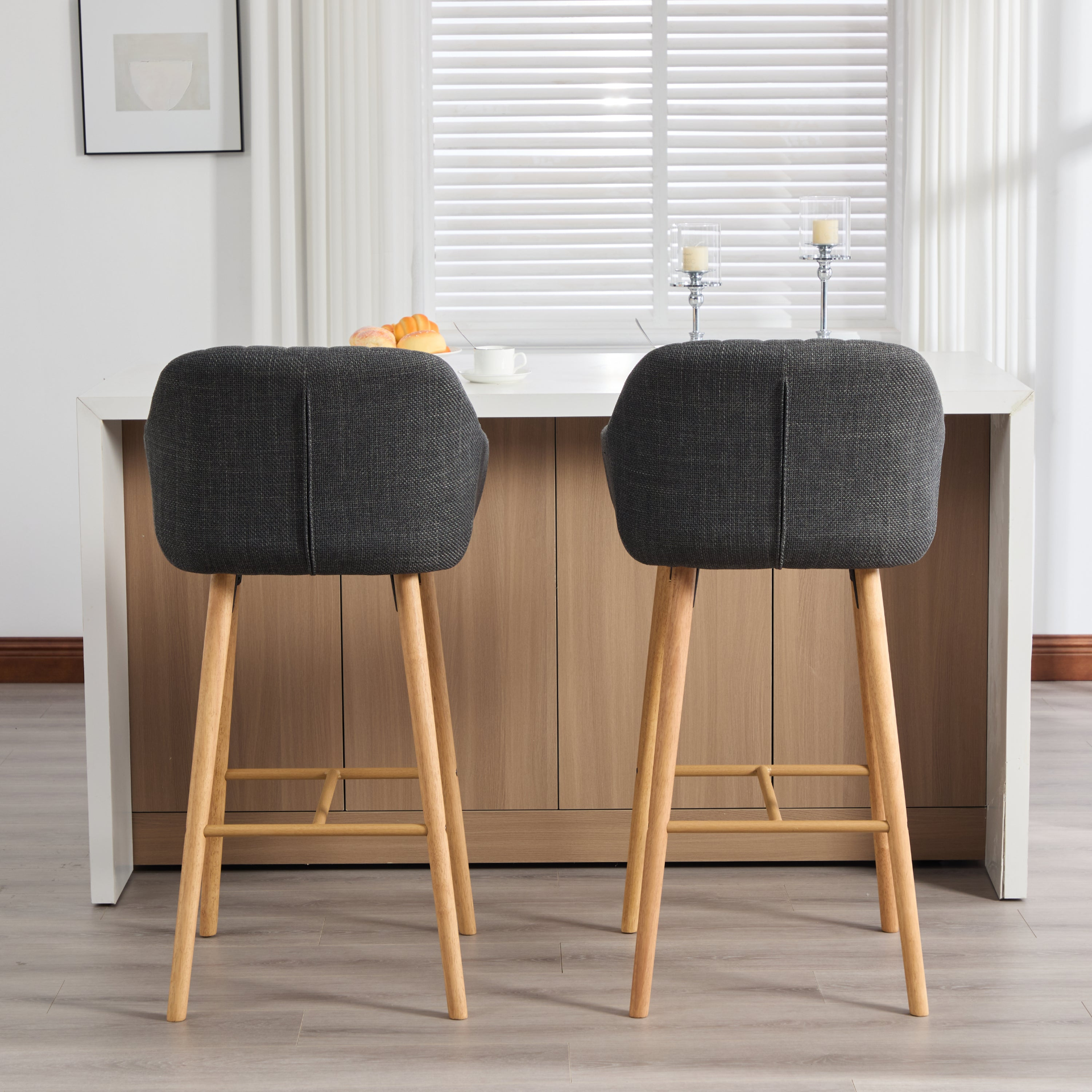 Modern linen upholstered bar stool with backrest, armrests, footrest, and solid wood legs by Start2Finish