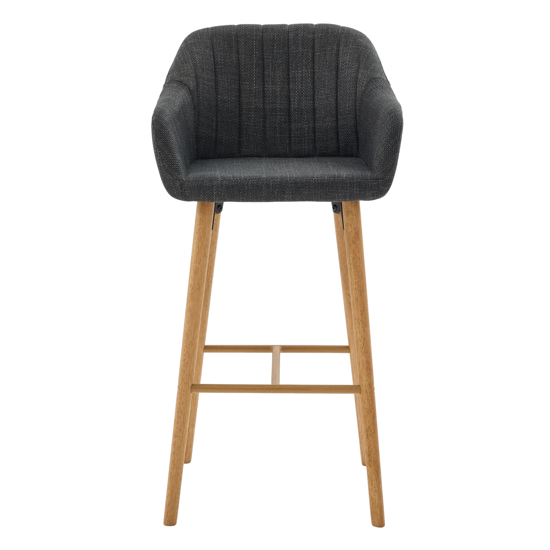 Modern linen upholstered bar stool with back, armrests, footrest, and solid wood legs by Start2Finish