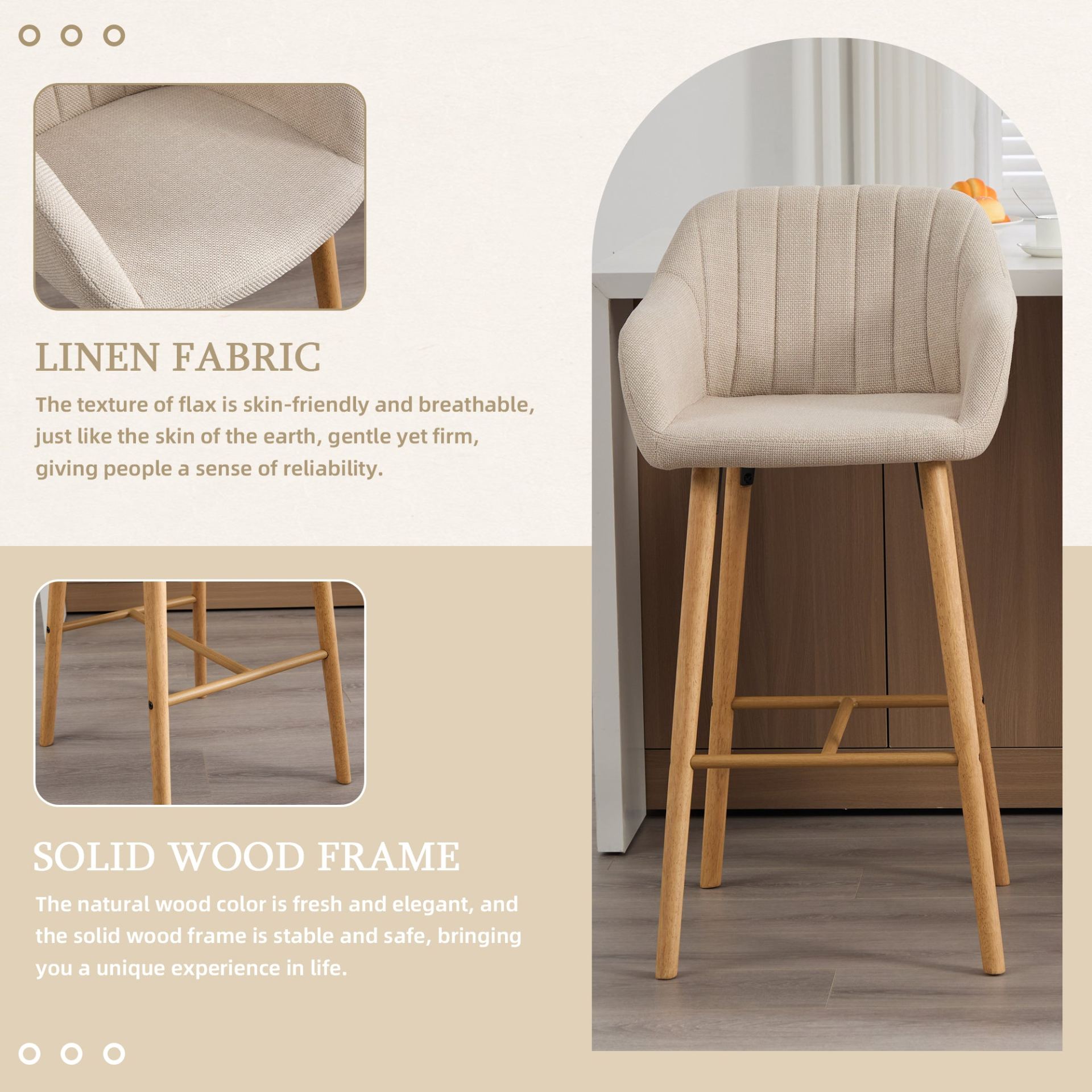Modern linen upholstered bar stool with back, armrests, footrest, and solid wood legs by Start2Finish