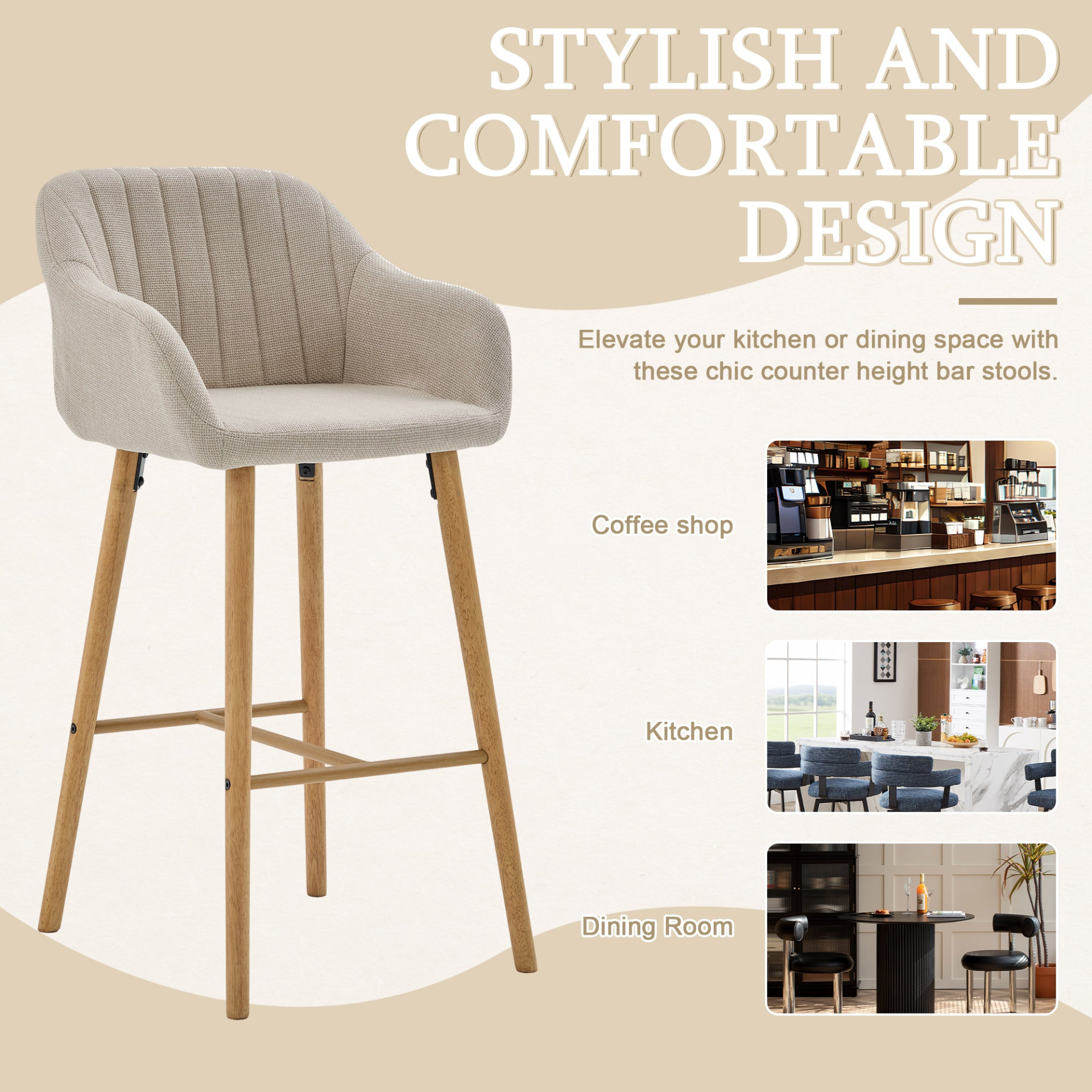 Modern linen upholstered bar stool with backrest, armrests, footrest, and solid wood legs by Start2Finish.