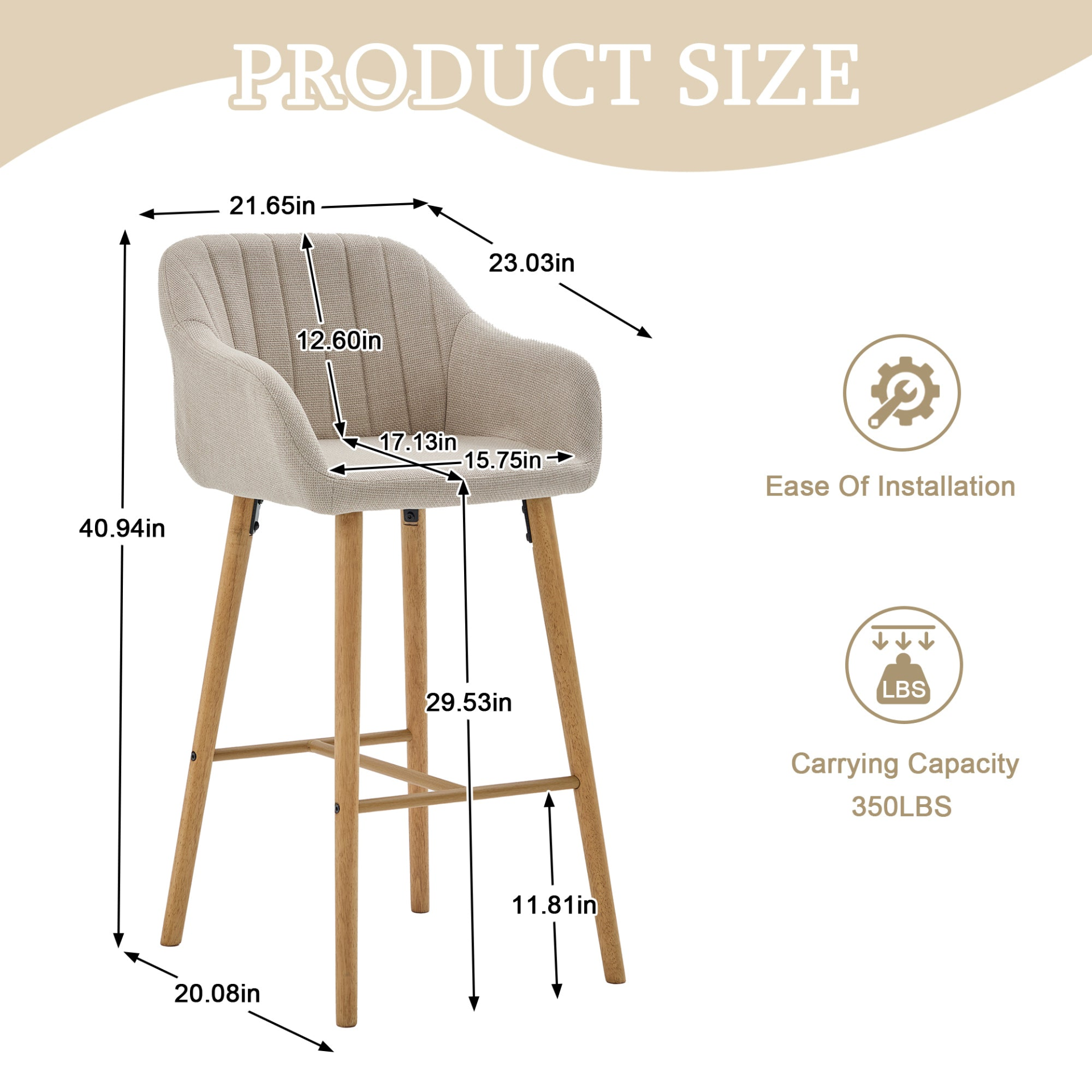 Modern linen upholstered bar stool with back, armrests, footrest, and solid wood legs by Start2Finish.
