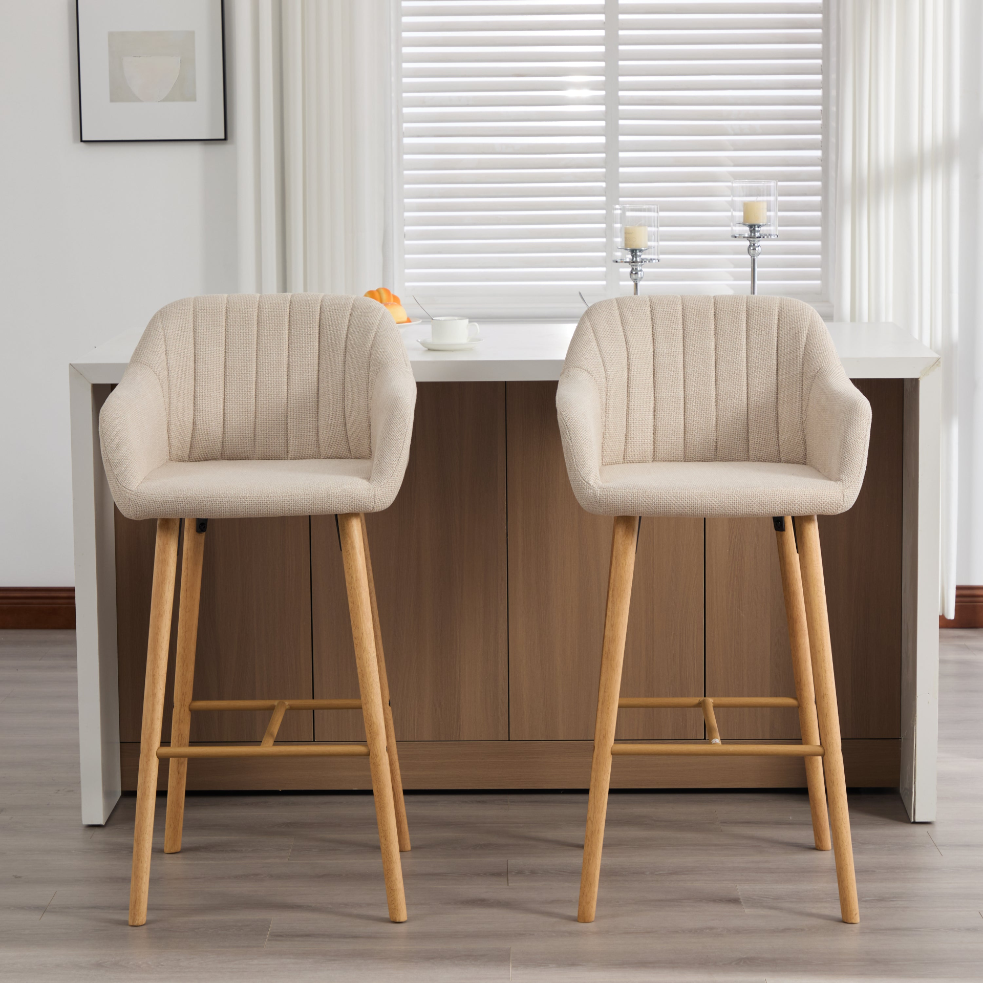 Modern linen upholstered bar stool with backrest, armrests, footrest, and solid wood legs by Start2Finish