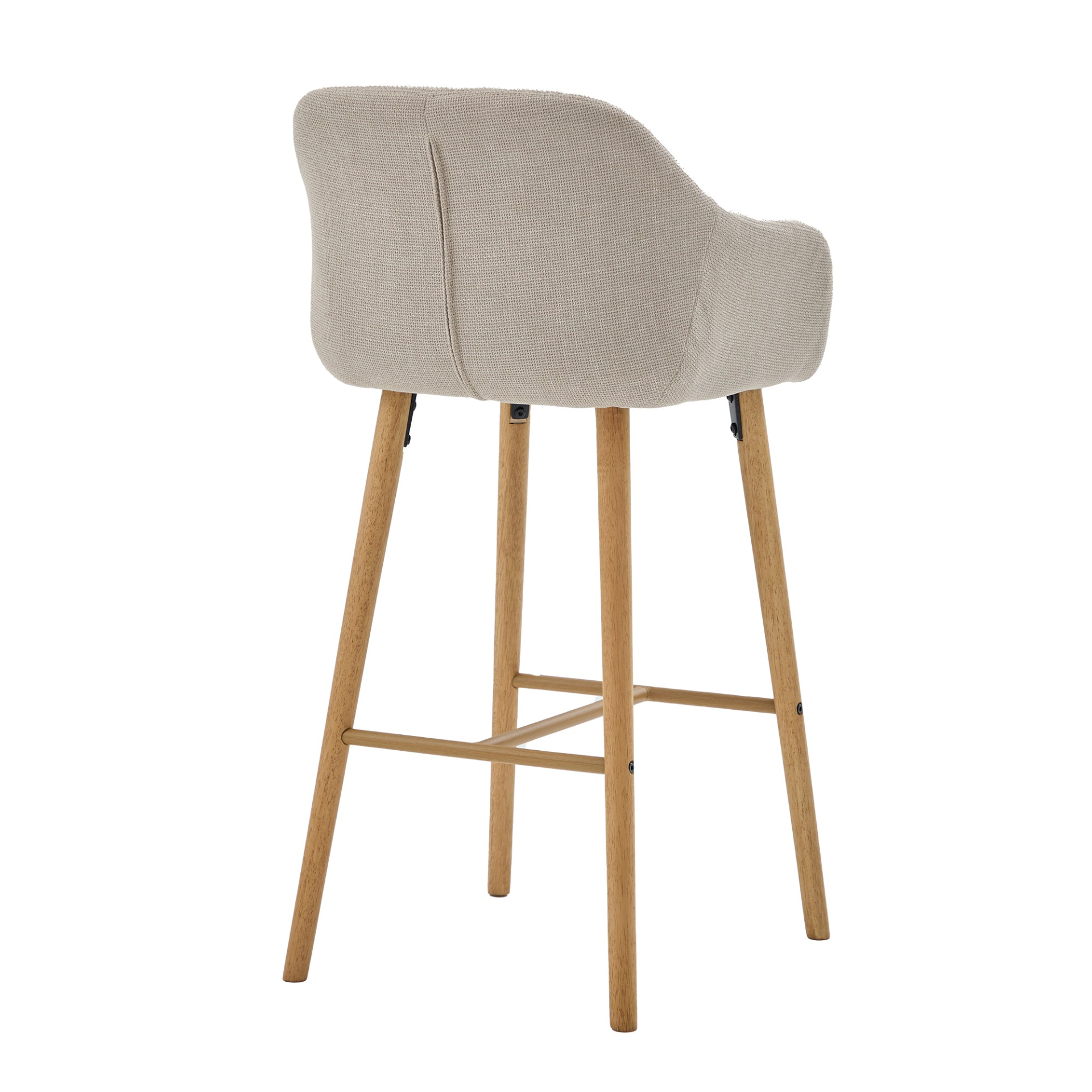 Modern linen-upholstered bar stool with back, armrests, footrest, and solid wood legs by Start2Finish.