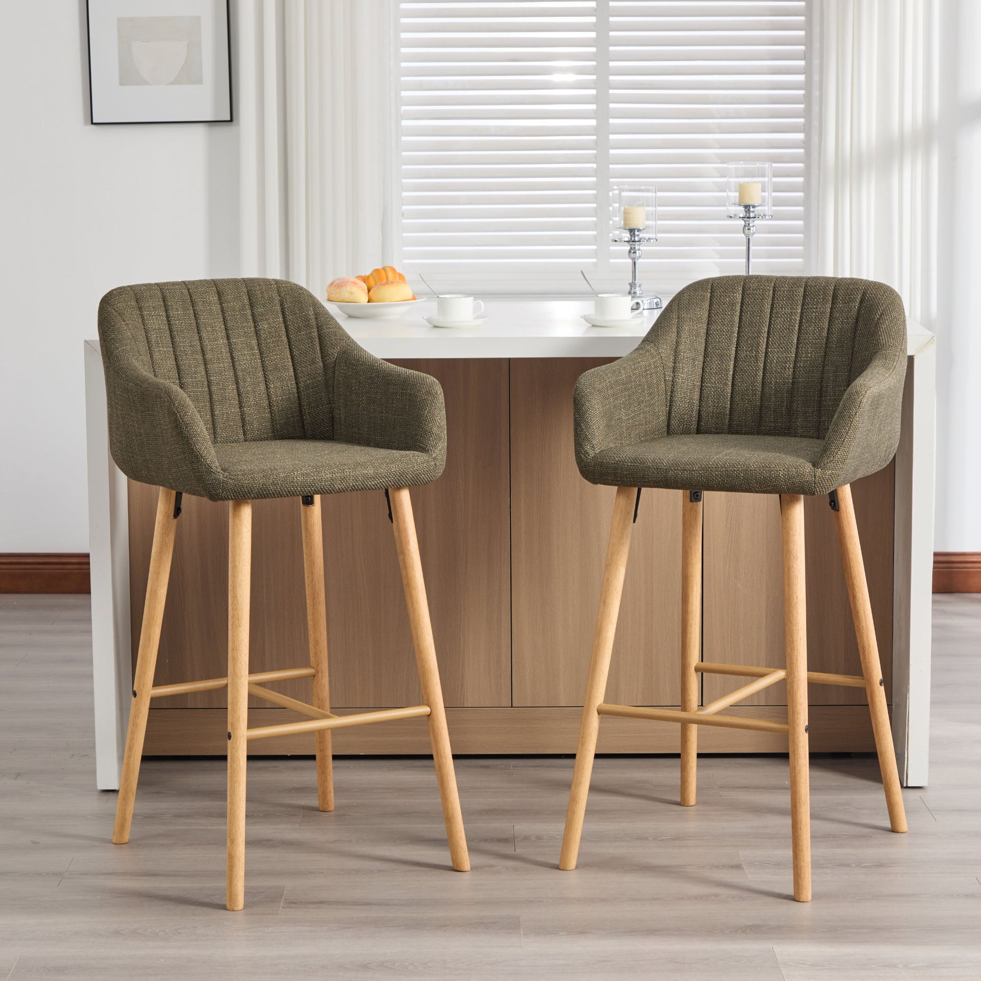 Modern linen upholstered bar stool with back, armrests, footrest, and solid wood legs by Start2Finish