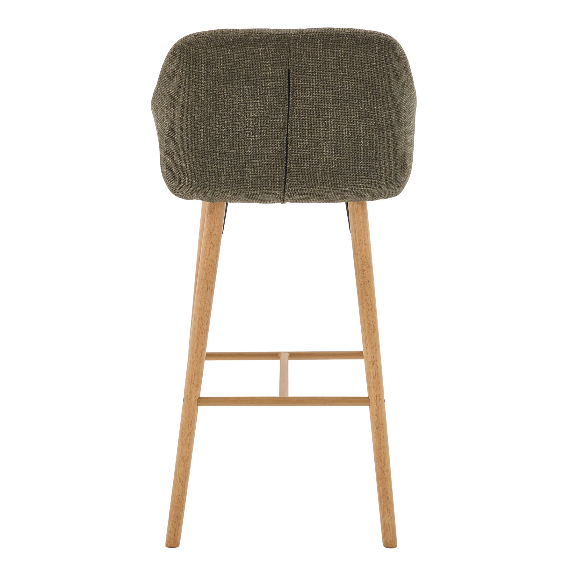Modern linen upholstered bar stool with back, armrests, footrest, and solid wood legs by Start2Finish