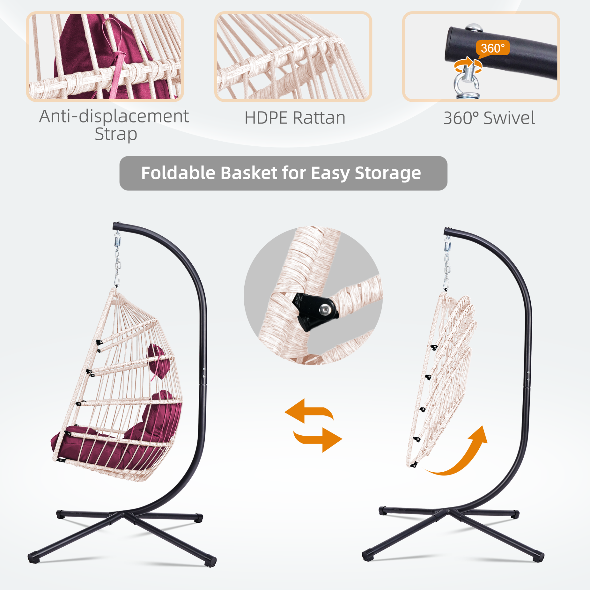 Start2Finish outdoor hanging egg chair with stand, wicker rattan swing with cushion for patio relaxation.