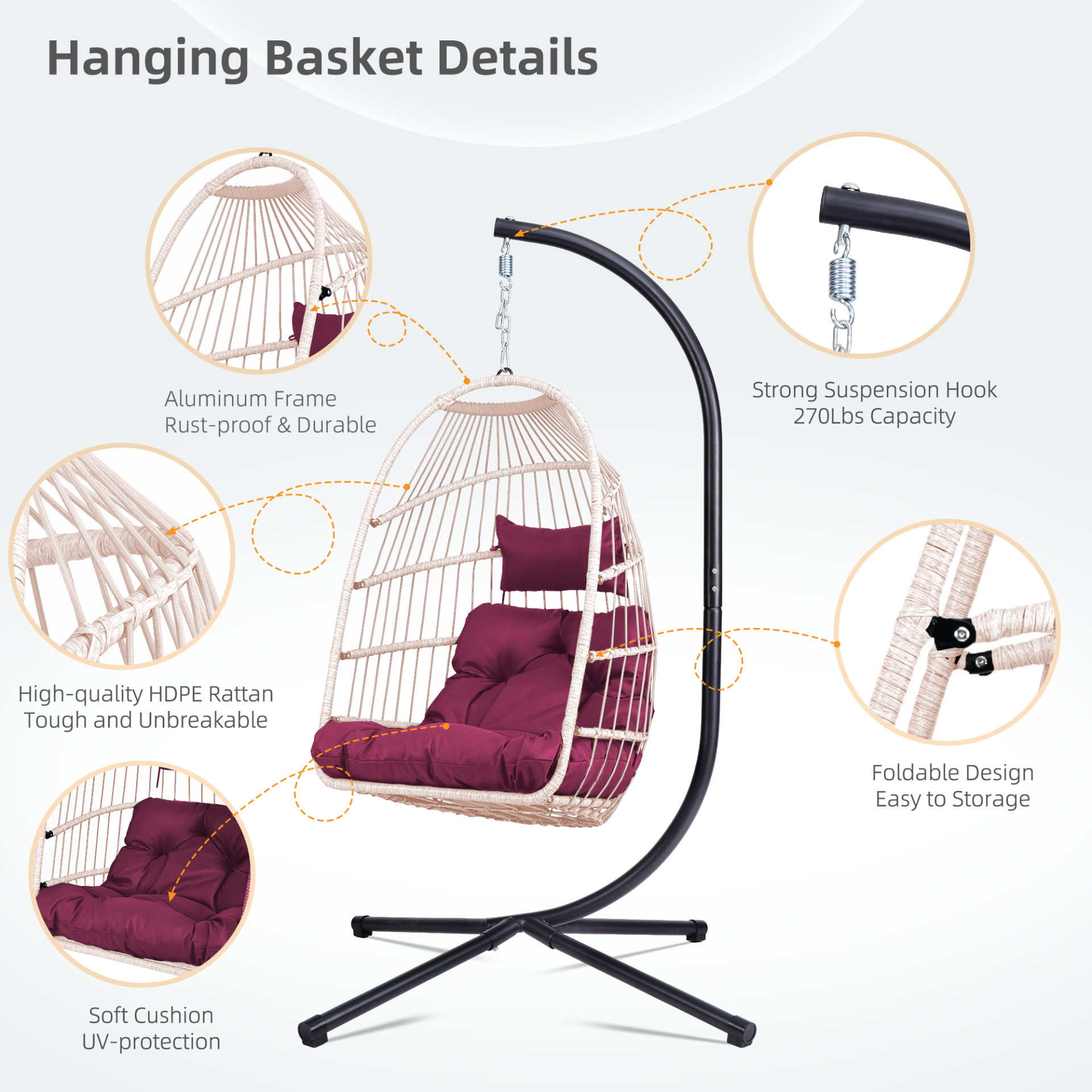 Outdoor hanging egg chair with stand, wicker rattan swing, and cushion for patio relaxation by Start2Finish.
