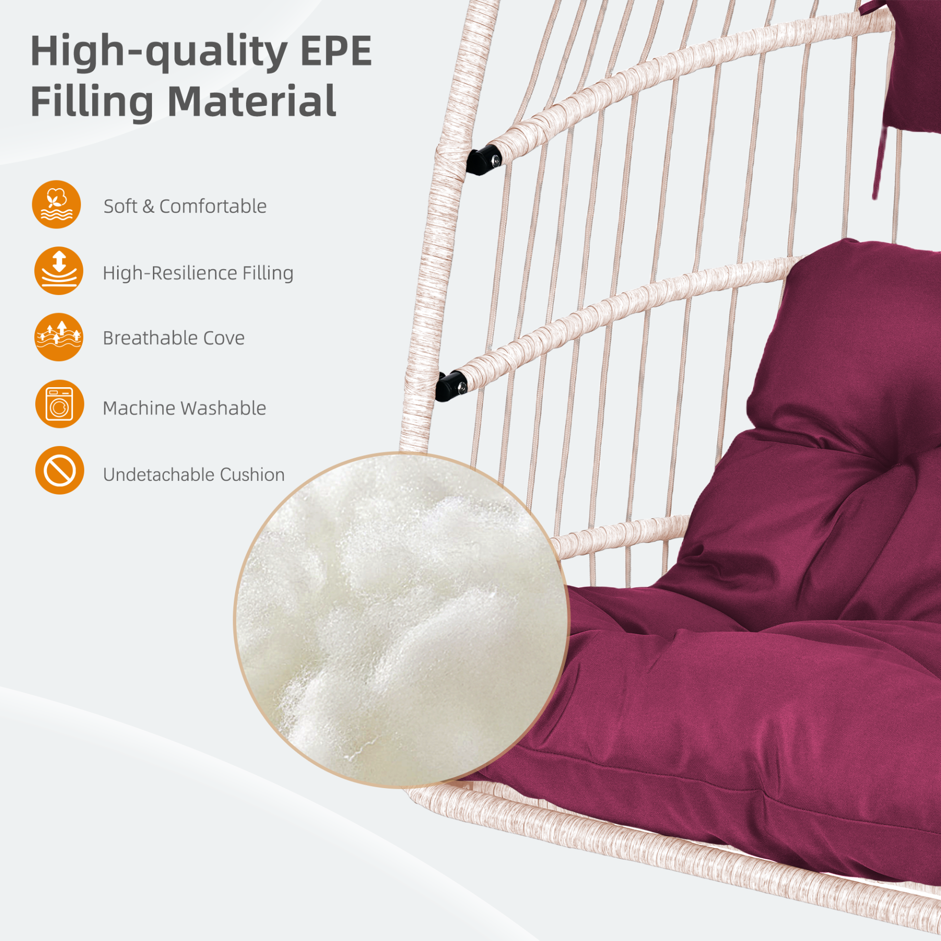 Outdoor hanging egg chair with stand, patio wicker rattan swing with cushion by Start2Finish, shown with a cozy cushion inside
