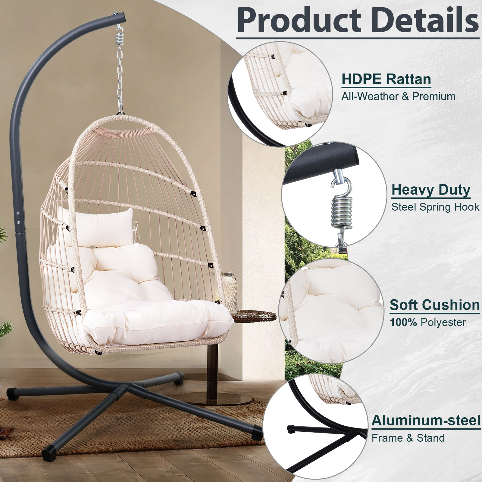 Outdoor hanging egg chair with stand, patio wicker rattan swing with cushion, by Start2Finish, for outdoor relaxation.