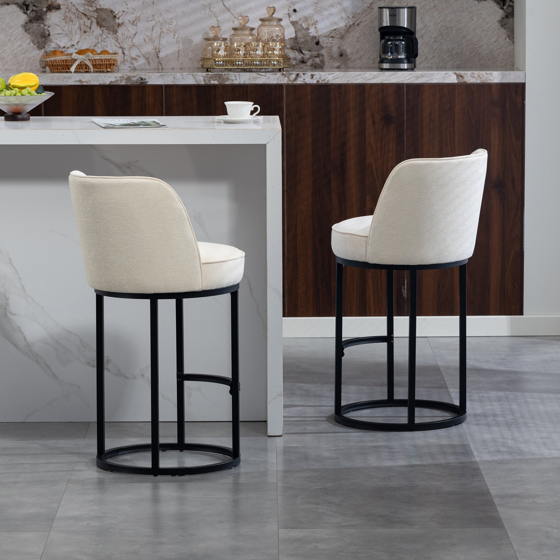 Modern barrel upholstered accent bar stools with backrests by Start2Finish, stylish home seating with padded seats and sleek design.